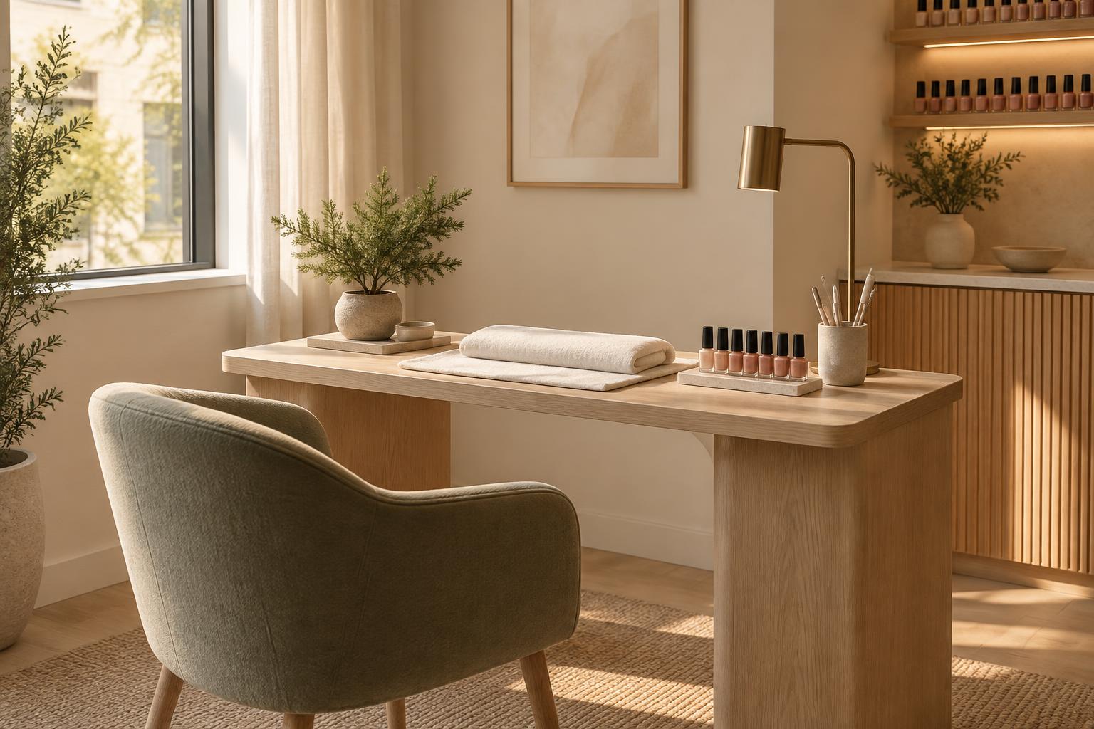 A small one-chair nail studio with a pale wood manicure table by a sunny window and a sage upholstered chair