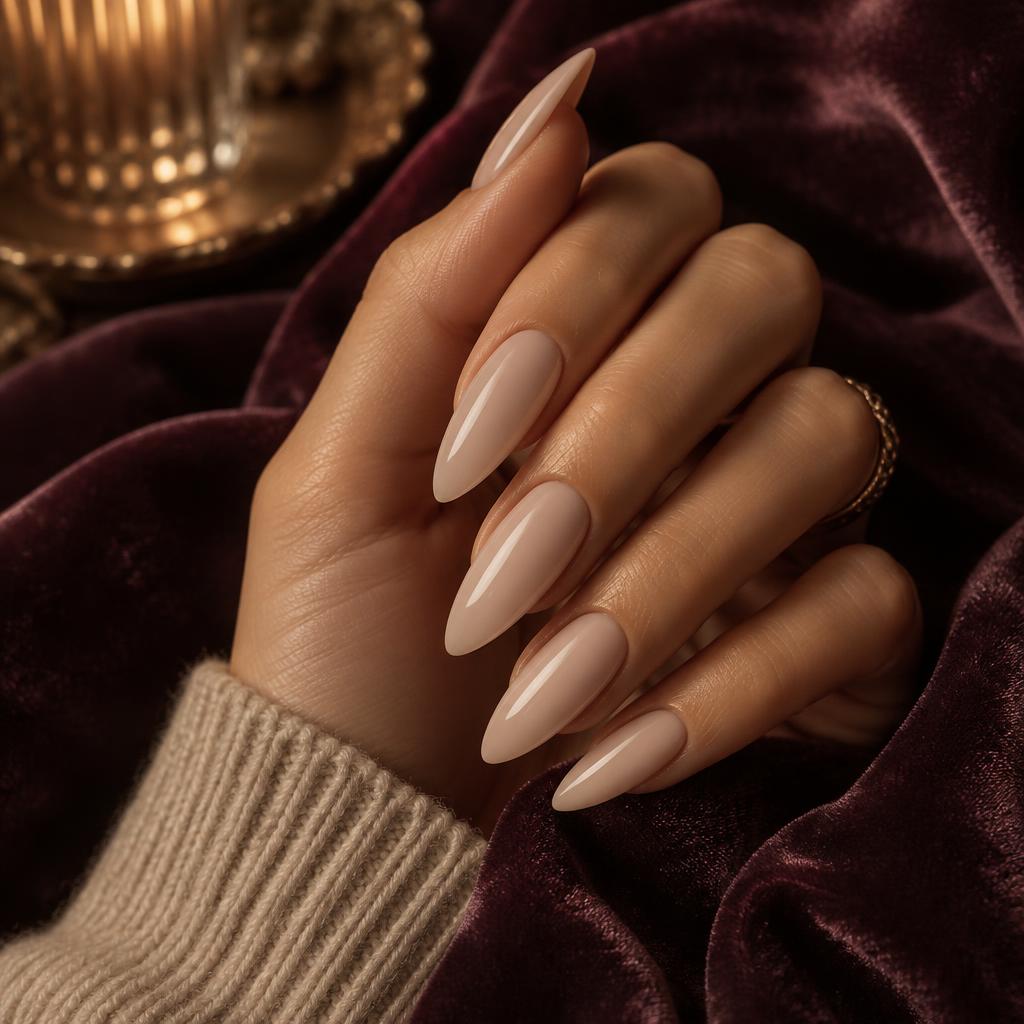Hand with long almond gel extension nails in a soft milky beige against deep plum velvet