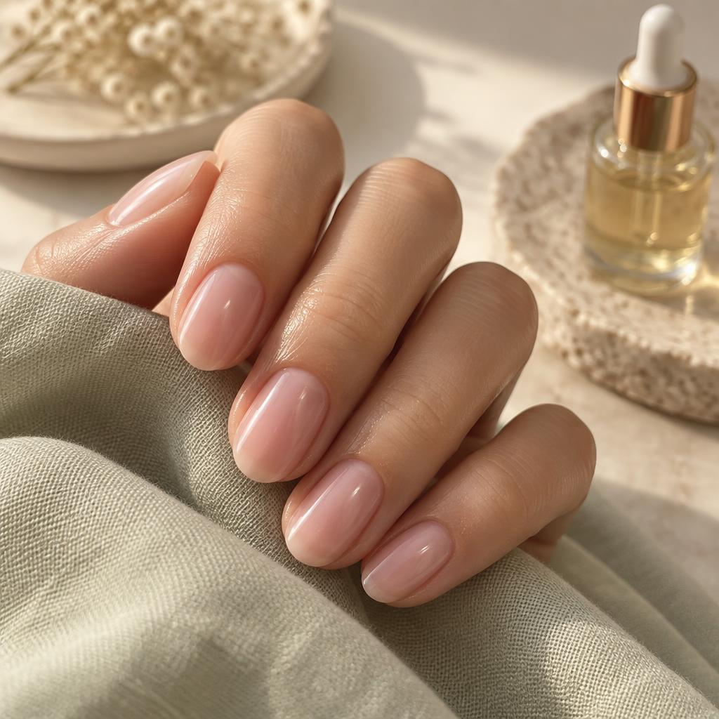 Close-up of short almond nails with a glossy sheer pink gel manicure resting on pale sage cloth